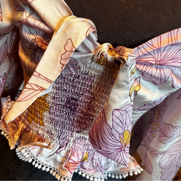 NWT En Saison Pink Satin Floral Smocked Wench Blouse New Boho Hippie Festival M - Picture 6 of 8